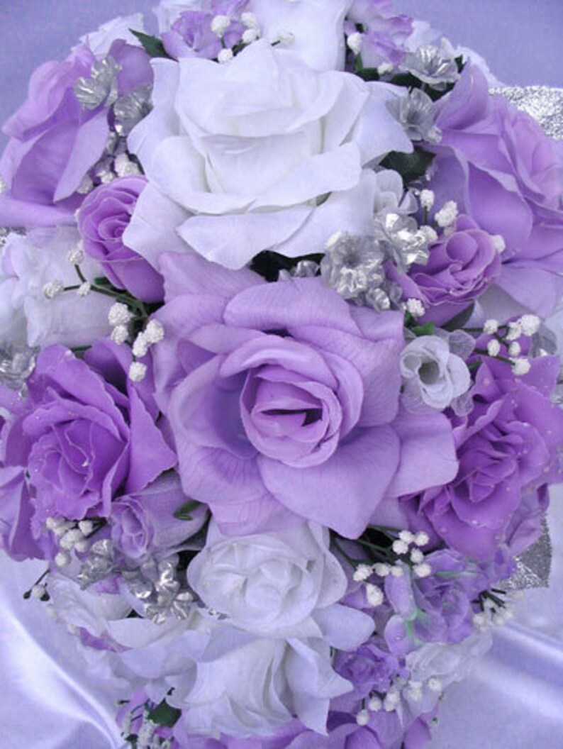 Wedding Bouquet Bridal Silk flowers LAVENDER SILVER WHITE ...