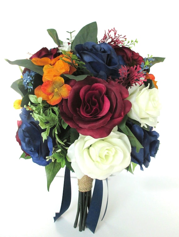 Wedding Bouquet, 17-piece Bridal Bouquet set, BURGUNDY, NAVY Blue, Burnt ORANGE, Wedding flowers, Silk Flowers, Bridesmaid "RosesandDreams"