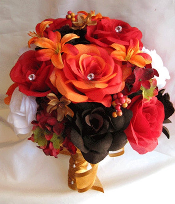Wedding Bouquet 17 piece bridal bouquet package Lily ORANGE BROWN FALL Red White Bridal Silk flowers wedding decor set " Roses and Dreams"