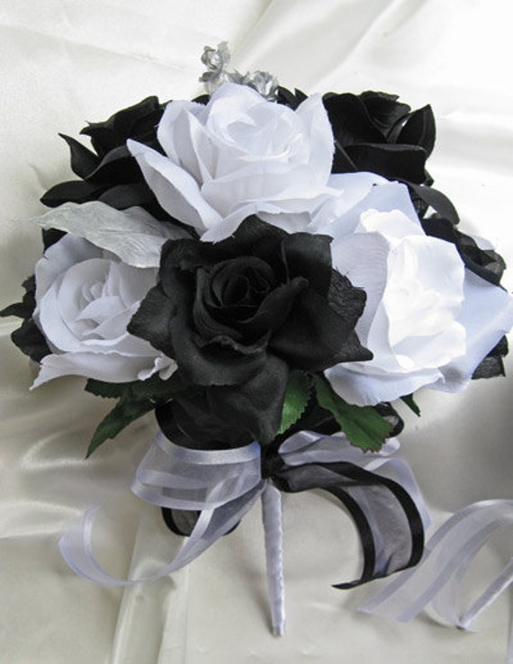Black White & Silver Wedding Package Bridal Bouquet, Bridesmaids