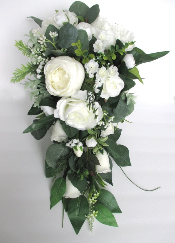 Wedding Bouquet, 17-piece Bridal Cascade bouquet set CREAM IVORY GREENERY, Wedding flower, silk bouquet, Bridesmaid bouquet "RosesandDreams"