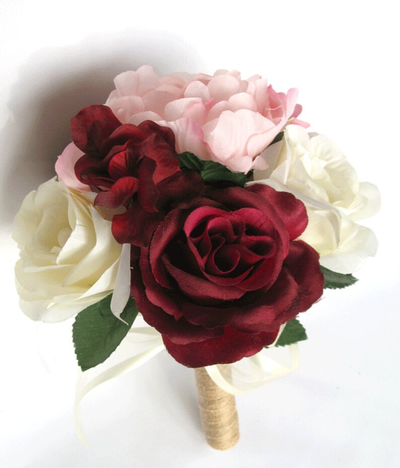 17 piece package Wedding bouquets Bridal bouquet Wedding Silk flowers BURGUNDY Light PINK MAUVE Wine Wedding Centerpieces RosesandDreams