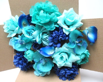 DIY loose flower, Aqua blue, Turquoise, Royal blue 36 Silk flowers, Wedding flowers, home decor, centerpiece, boutonniere "RosesandDreams"