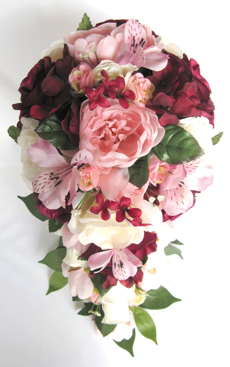 17 piece package Wedding bouquets Bridal bouquet Wedding Silk flowers BURGUNDY Light PINK MAUVE Wine Wedding Centerpieces RosesandDreams