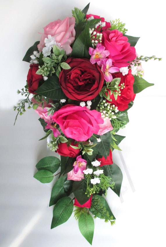 Wedding Bouquet, 17-piece Bridal Bouquet set, FUCHSIA, RED, PINK, Magenta, Wedding flowers, silk bouquet Bridesmaid bouquet "RosesandDreams"