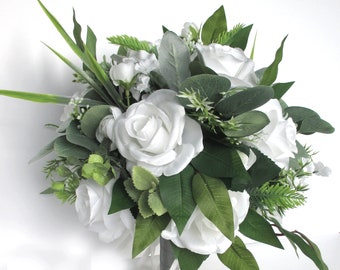 Wedding Bouquet, Bridal bouquet set, WHITE GREENERY GRAY Silver, Wedding flower, artificial silk bouquet Bridesmaid Bouquet "RosesandDreams"