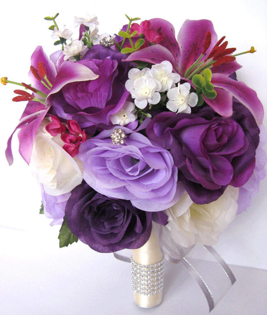 Wedding Bouquet 17piece Bridal Bouquet Set, PURPLE Lily PLUM LAVENDER