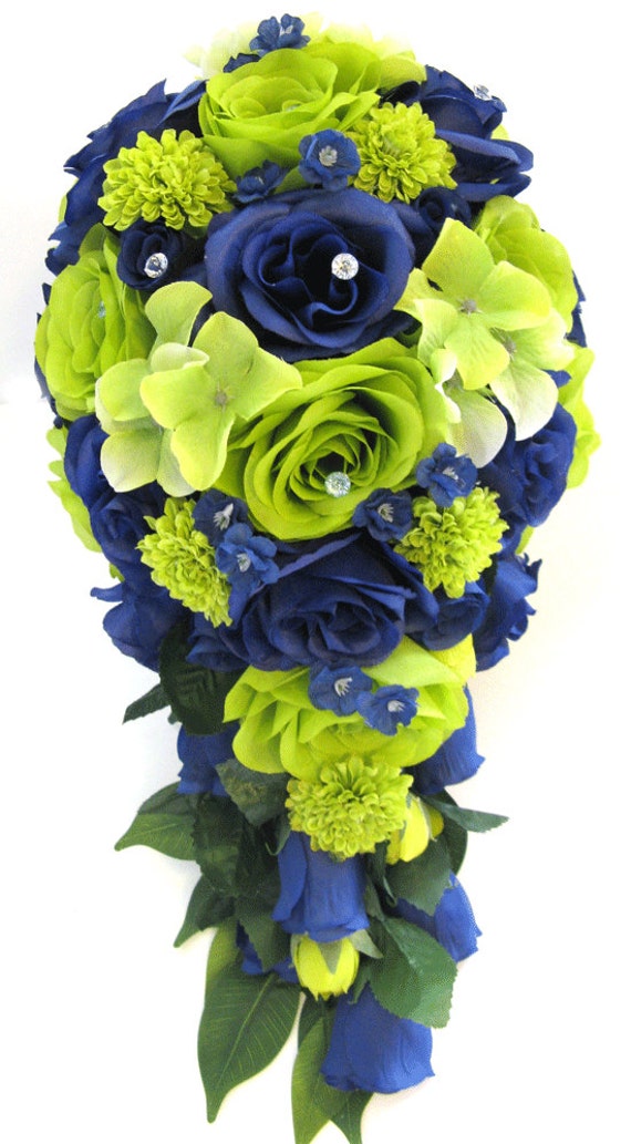 Wedding Bouquet, 17-piece Bridal Cascade bouquet set, Lime GREEN NAVY Blue SILVER, Wedding silk flower bouquet, Bridesmaid "RosesandDreams"