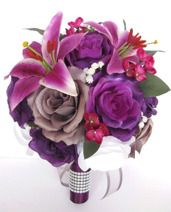17 Piece Package Silk Flower Wedding Bridal Bouquets Set Picasso Calla Lily PLUM 