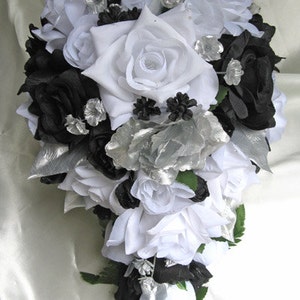 Black Silver White Rose Bridal Wedding Bouquet Accessories 