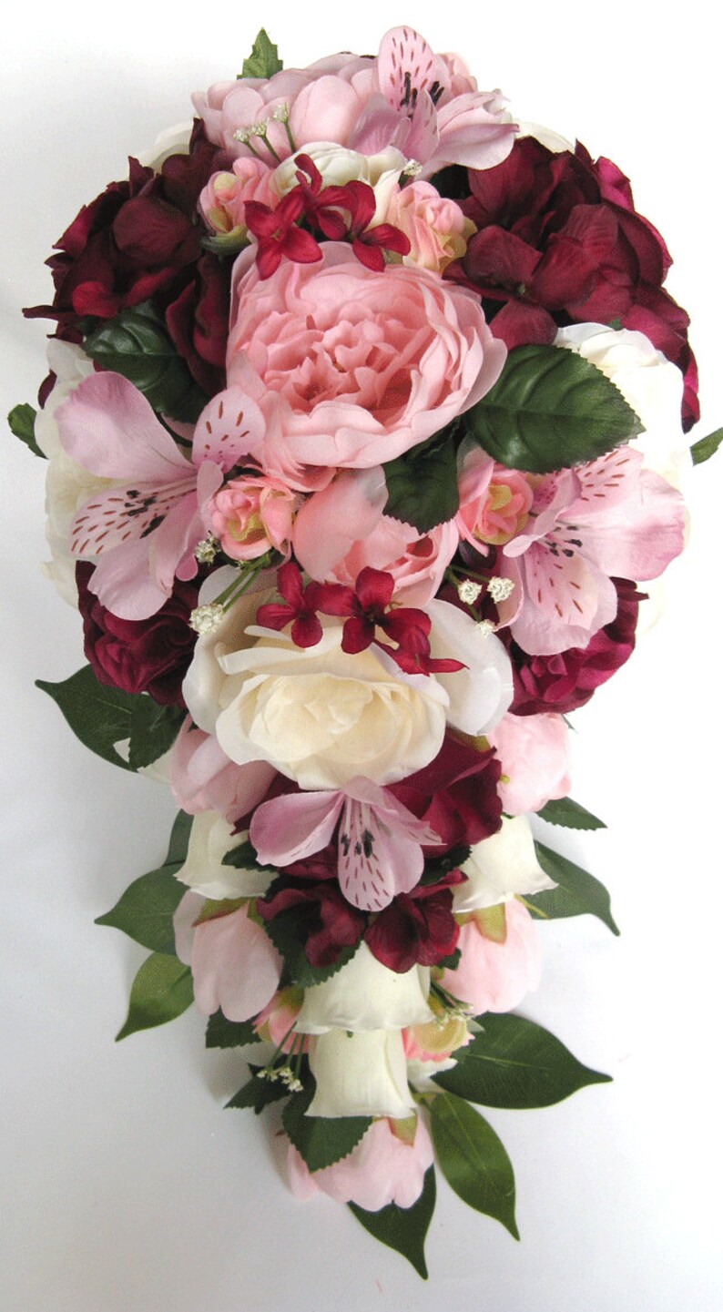 17 piece package Wedding bouquets Bridal bouquet Wedding Silk flowers BURGUNDY Light PINK MAUVE Wine Wedding Centerpieces RosesandDreams