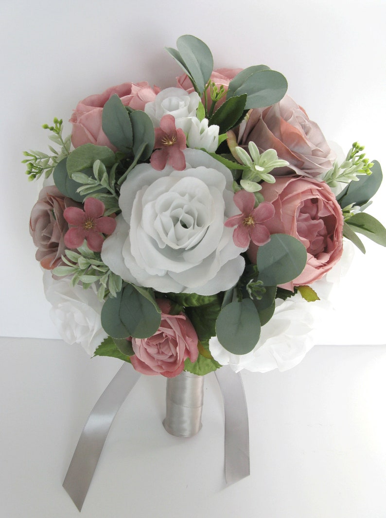 Wedding bridal set 17 Piece Bridal Bouquets Light GRAY MAUVE WHITE Silver Pink Wedding Silk flower bouquet Bridesmaid set RosesandDreams