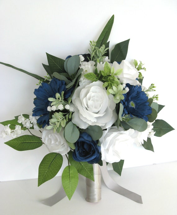 17 Piece Bridal Bouquet Set Wedding Bouquet NAVY BLUE WHITE Gray