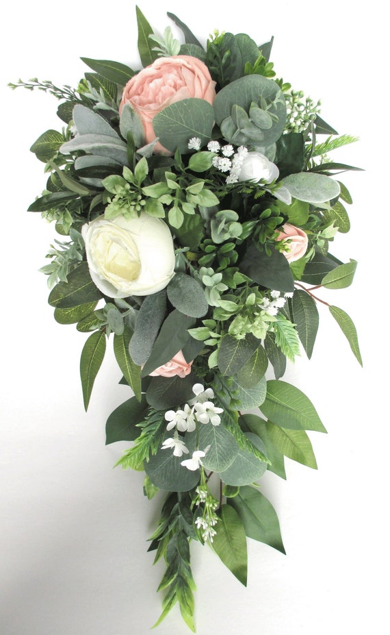 Wedding Bouquet, 17-piece Bridal Cascade bouquet set, PEACH, BLUSH, IVORY Greenery, Wedding flower, Silk Bridesmaid bouquet "RosesandDreams"