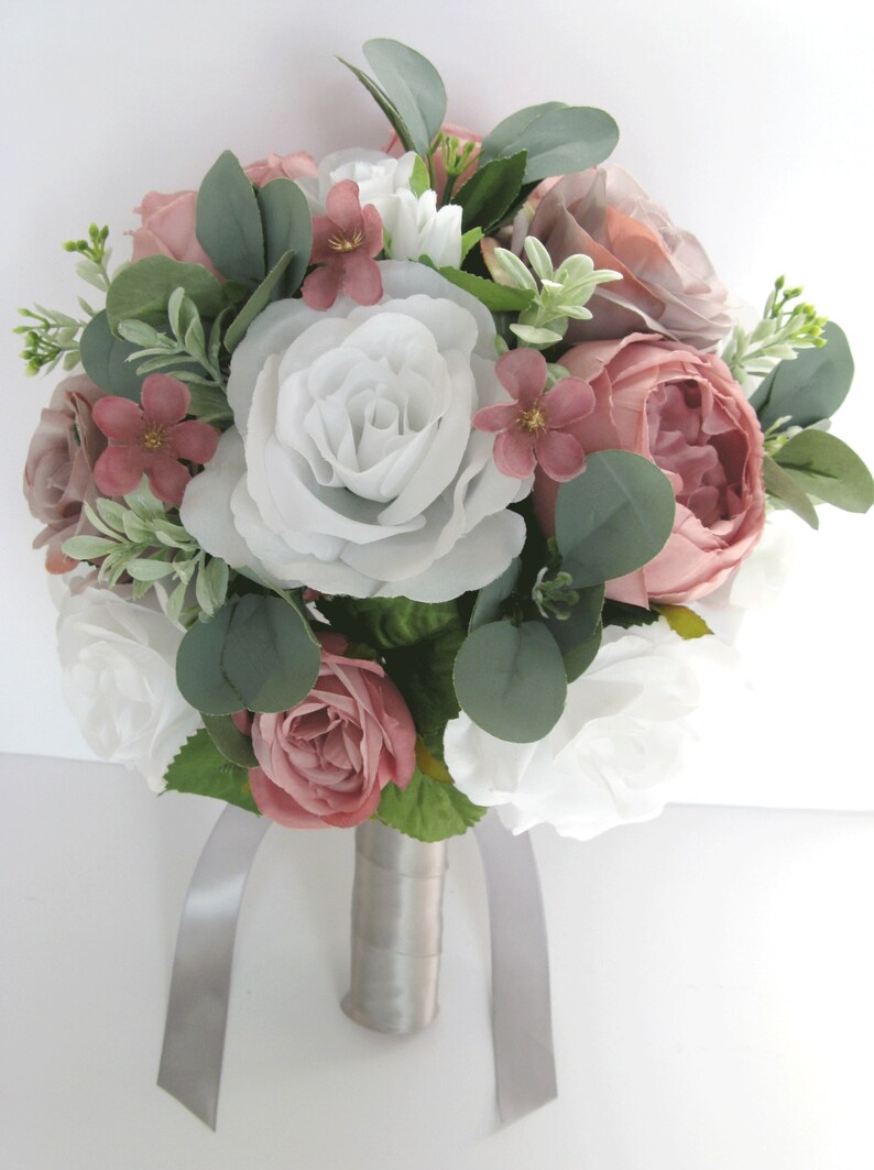 Wedding bridal set 17 Piece Bridal Bouquets Light GRAY MAUVE WHITE Silver Pink Wedding Silk flower bouquet Bridesmaid set RosesandDreams
