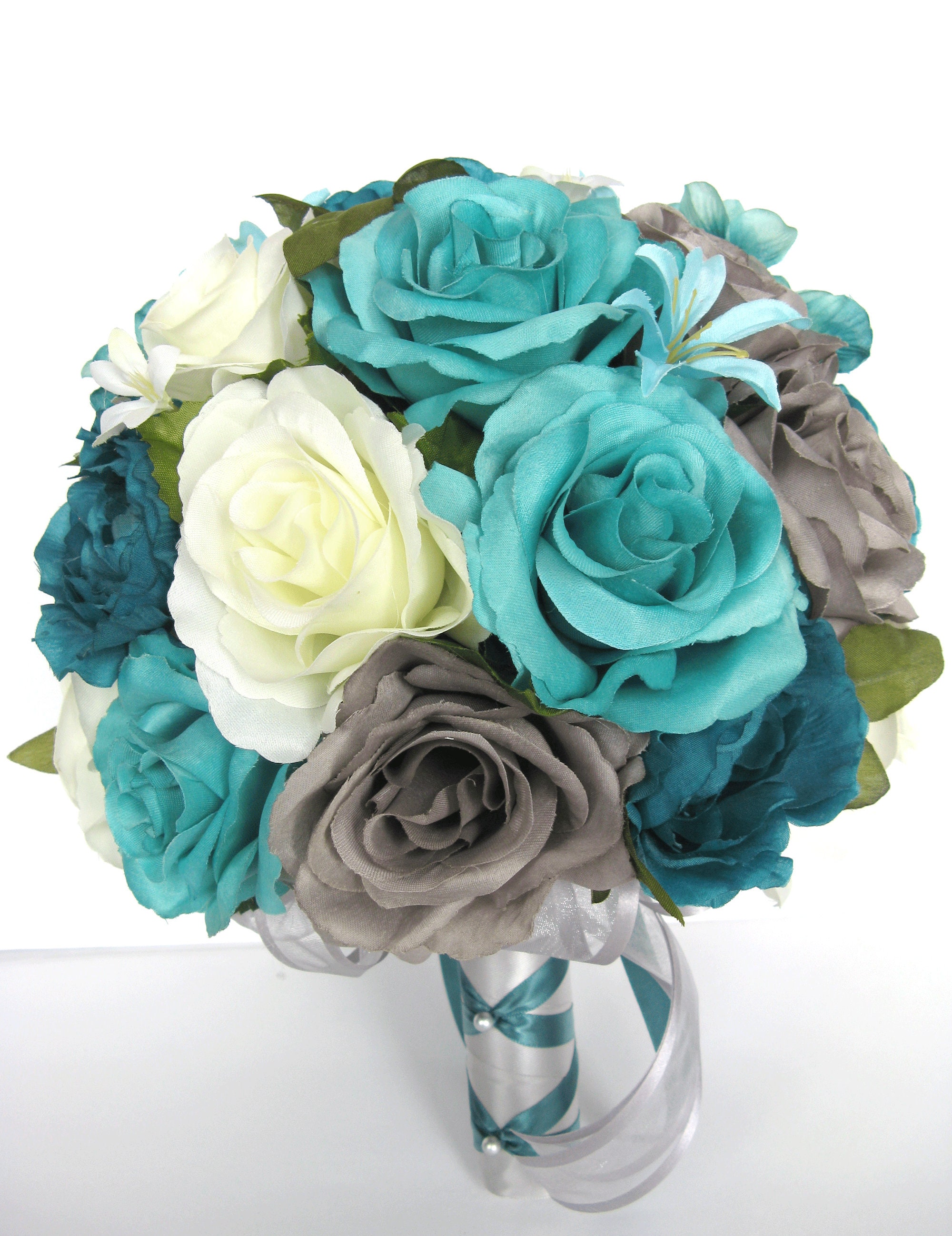 17 piece Wedding Bouquet Bridal Silk flowers MINT NAVY BLUE CREAM centerpiece 