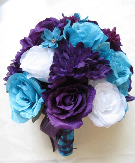17pcs Wedding Bridal Bouquet Flower Bride Decoration Package PURPLE BLUE IVORY 