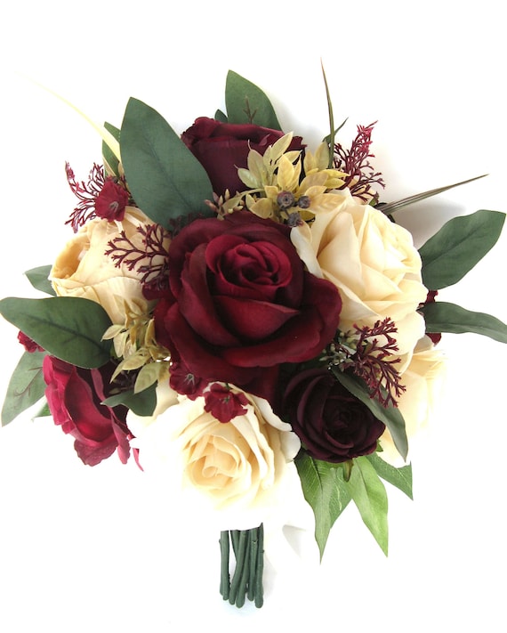 17pcs Wedding Bridal Bouquet Flowers Bride Bridesmaid Boutonniere Ivory/Burgundy 17pcs Wedding Bridal Bouquet Flowers Bride Bridesmaid Boutonniere Ivory/Burgundy