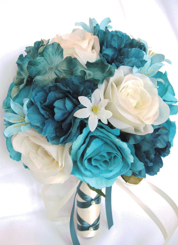 17pcs Wedding Bridal Bouquet Set Silk Flower Decoration Package AQUA PEACH 17pcs Wedding Bridal Bouquet Set Silk Flower Decoration Package AQUA PEACH
