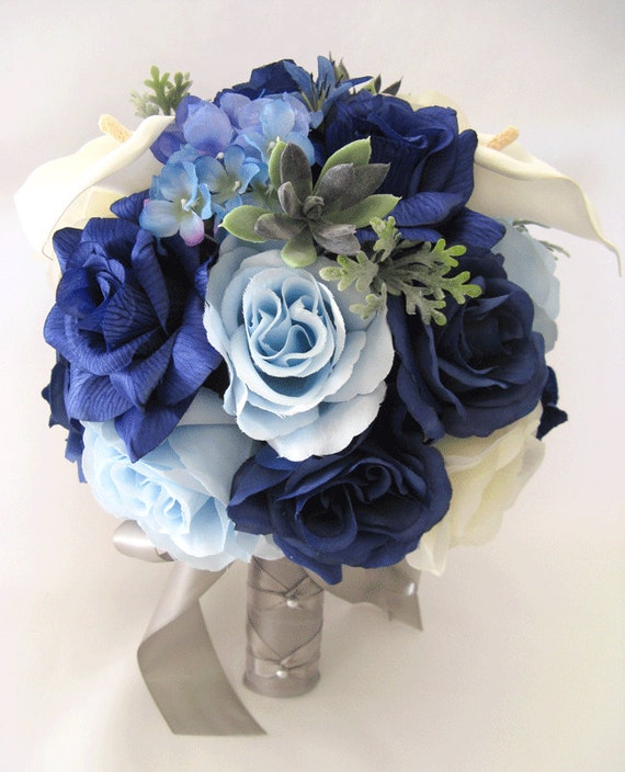 Wedding Bouquets 17 piece Silk Flower Bridal package NAVY blue CREAM SILVER Gray 