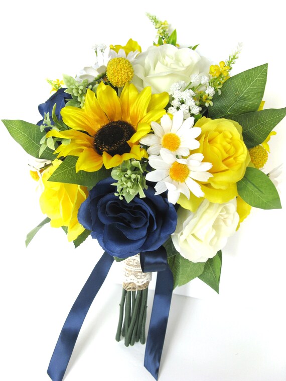 Wedding Bouquets 17 pc Bridal Silk Flowers package YELLOW SUNFLOWER NAVY BLUE 