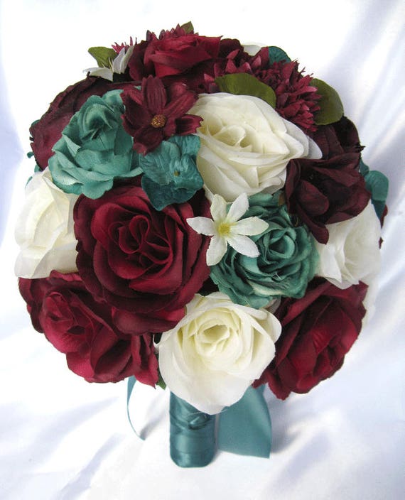 Wedding Bouquet, 17-piece Bridal Bouquet set, BURGUNDY, EGGPLANT, TEAL, Wedding flower, Bridesmaid Bouquet package, corsage "RosesandDreams"