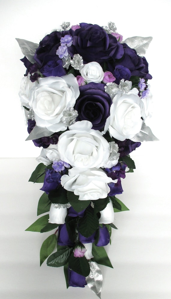 Wedding Bouquet 17 piece Bridal Cascade bouquet set, Dark PURPLE WHITE SILVER, Bridesmaid Bouquet, Wedding Silk flowers "RosesandDreams"