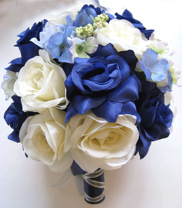 17 Piece Package Silk Flower Wedding Bridal Bouquet CORAL DARK BLUE NAVY ROYAL 