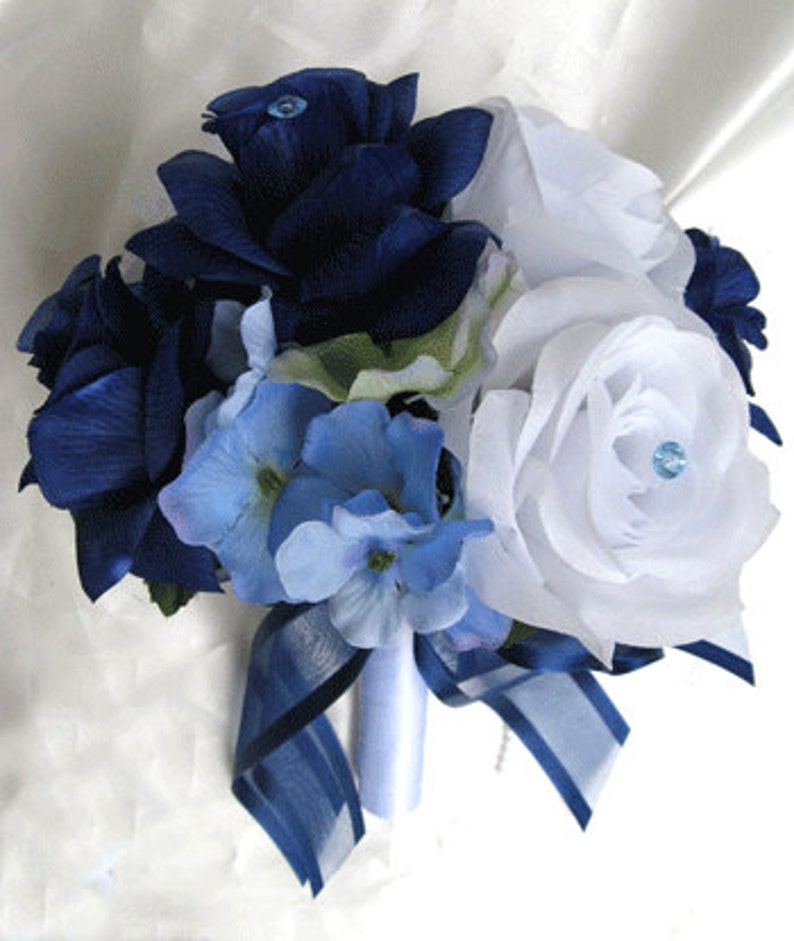 Wedding Bouquet Bridal Silk flower 17 pieces package NAVY BLUE | Etsy