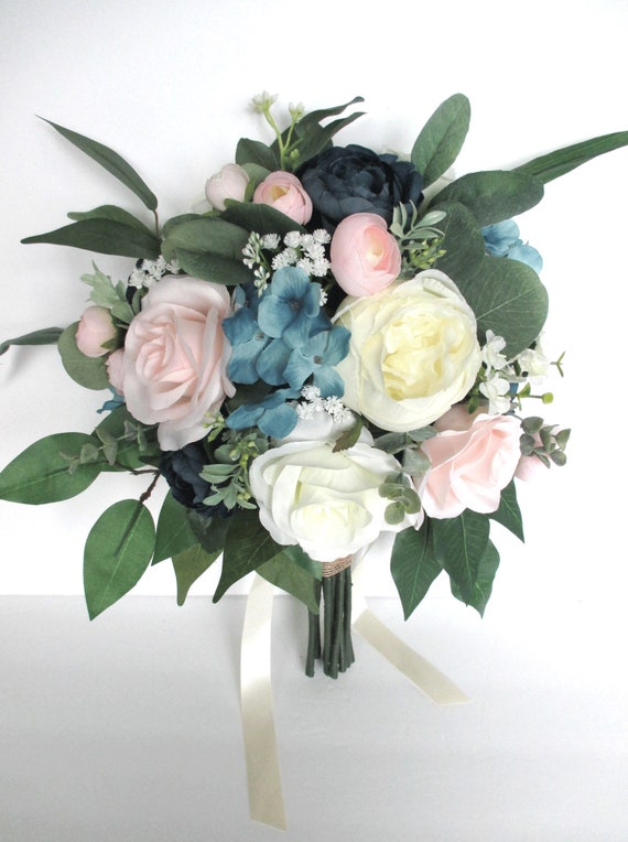 Wedding Bouquet, Bridal bouquet set, TEAL BLUE Pink BLUSH Ivory, Wedding Silk flower Bouquet, Bridesmaid Bouquet, corsage "RosesandDreams"