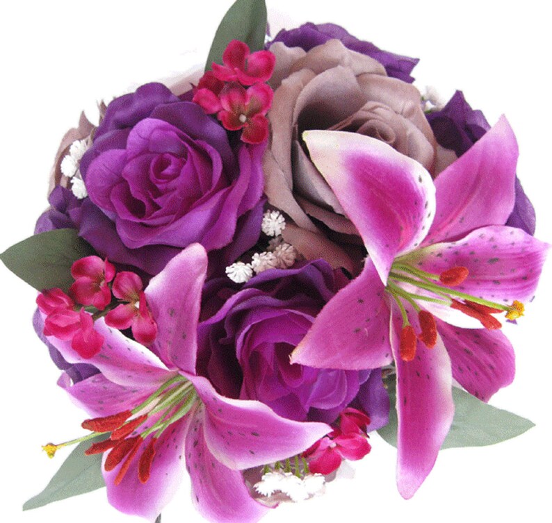 Wedding Bouquet 17 Piece Package Bridal Bouquets Silk Flower Bouquet Purple Lily Plum Gray Wedding Bridesmaid Bouquets Rosesanddreams Accessories Weddings Valresa Com
