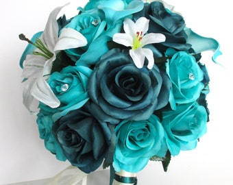 READY TO SHIP dark aqua, Turquoise, Teal, cream Lily Wedding Bouquet, Bridal bouquet, Wedding flowers, Bride bouquet set "RosesandDreams"