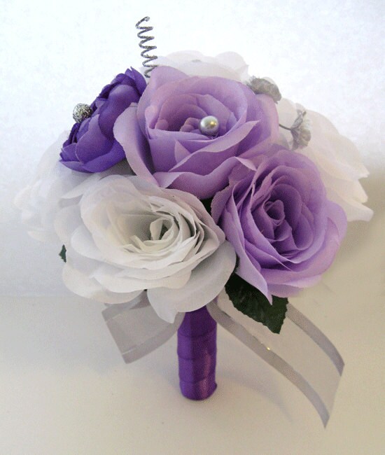 17pcs mariage Cascade Bridal Bouquet Soie Fleur Larme Violet lavande blanc