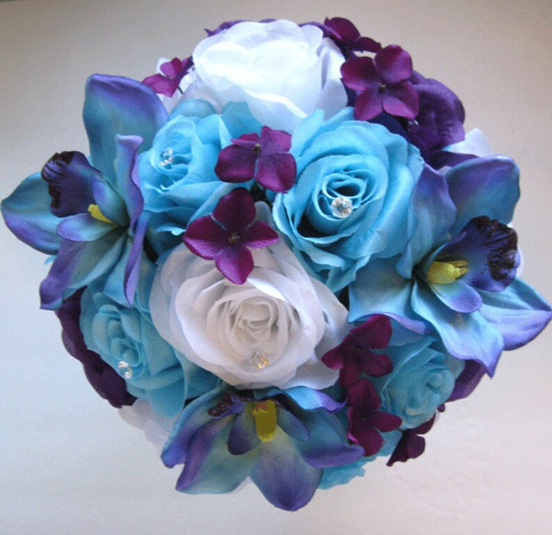 Weddings Bouquets Wedding Silk Flowers Bouquet Bridal Purple White Aqua Blue Orchid 17 Piece Package Artificial Flower Arrangement Centerpieces Rosesanddreams