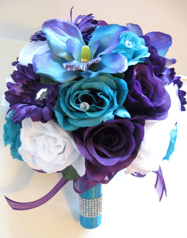 Wedding Bouquet 17 Piece Bridal Bouquet Package Purple Daisy Etsy