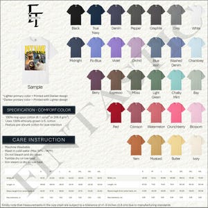May include: A product display featuring various colored t-shirts. The shirts come in a range of colors, including black, navy, denim, and red. A sample shirt with a graphic is also shown. The image includes a size chart with measurements in inches and care instructions.