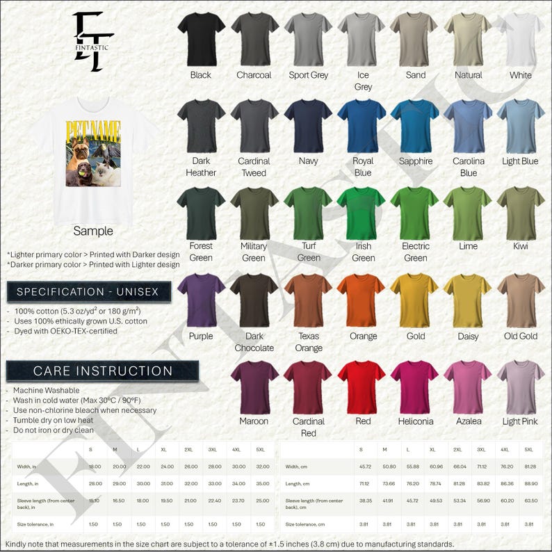 May include: A product image showcasing a variety of unisex t-shirts in various colors, including black, charcoal, and navy. The shirts are made of 100% cotton and feature a sample design. The image also includes care instructions and a size chart.