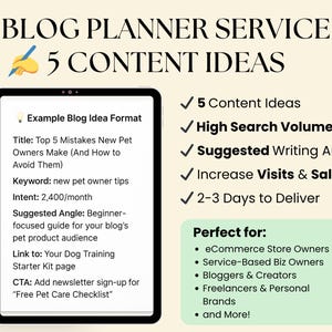 Puede incluir: Imagen que promociona un servicio de planificación de blogs con el texto "BLOG PLANNER SERVICE 5 CONTENT IDEAS". Incluye una tableta que muestra un formato de idea de blog y viñetas que resaltan beneficios como "5 Content Ideas" e "Increase Visits & Sales."