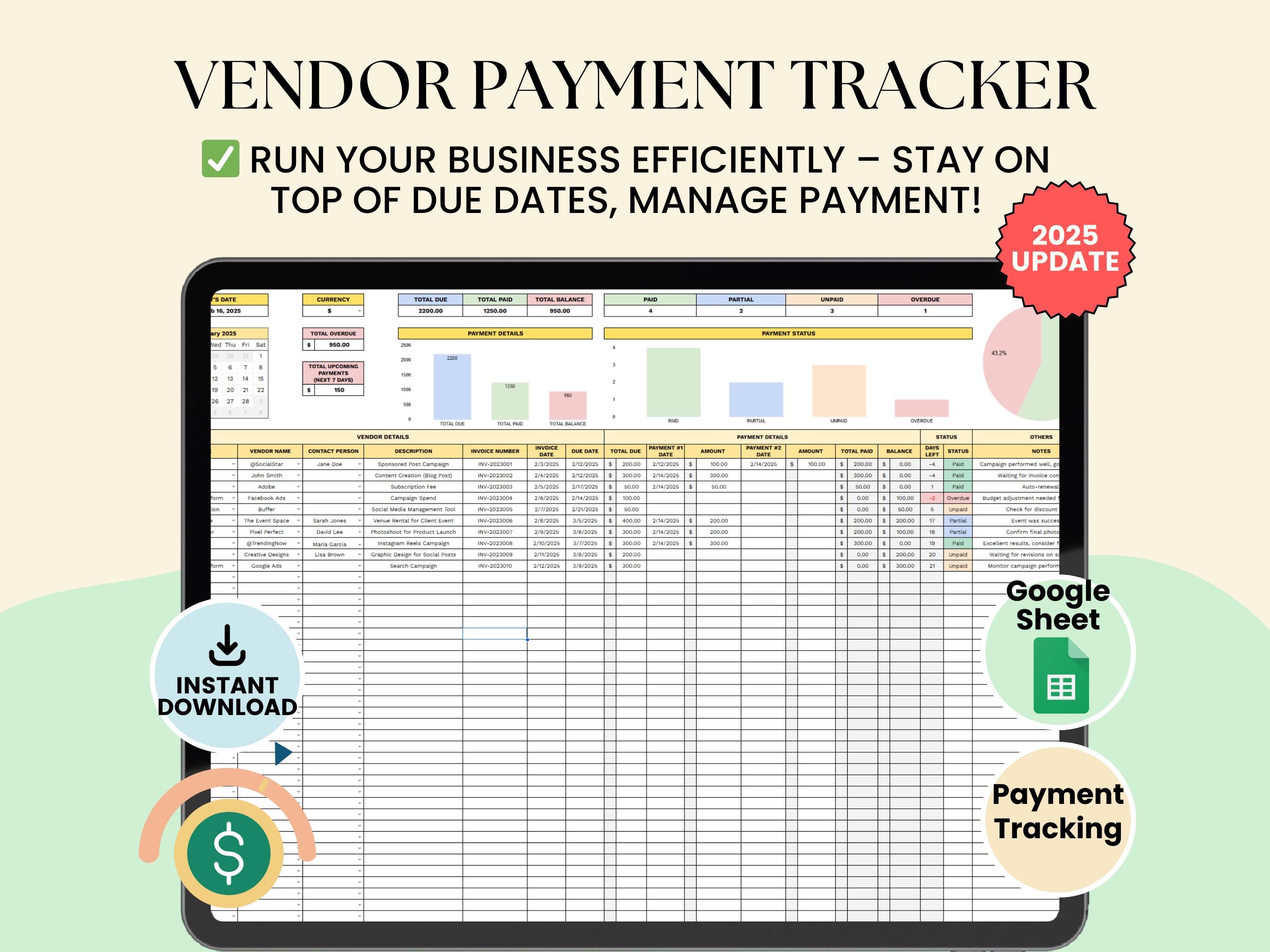 Vendor Payment Tracker Google Sheet Contract Payment Tracking Spreadsheet Business Expense Business Vendor Payment Small Business Expense