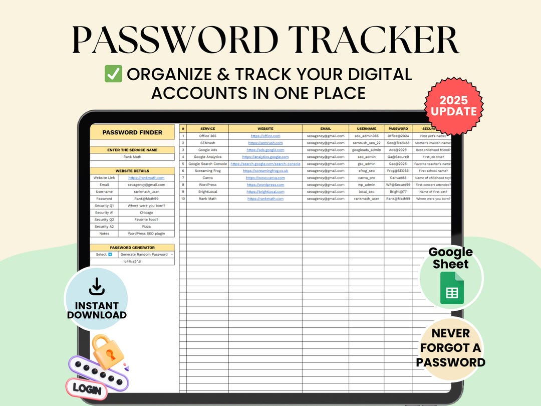 Password Tracker Google Sheet: Digital Account Organizer (digital ...