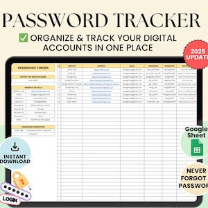 Accounttracker Google-spreadsheet Wachtwoordtracker Spreadsheet Digitale abonnementstracker Wachtwoordbewaarder Logboek bedrijfswachtwoordbeheer