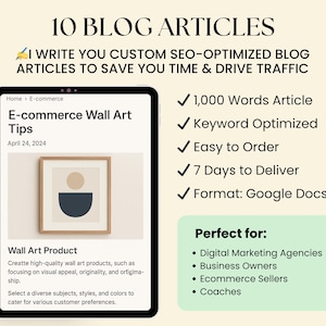 Puede incluir: Una tableta digital muestra "10 Artículos de blog" con texto sobre artículos optimizados para SEO. La pantalla muestra "E-commerce Wall Art Tips" y una impresión artística abstracta enmarcada. Texto adicional destaca características como un artículo de 1.000 palabras.