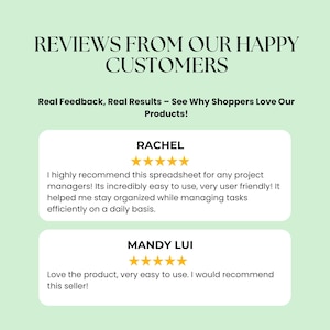 May include: Two customer reviews with five-star ratings. The first review is from Rachel, who recommends the spreadsheet for project managers. The second review is from Mandy Lui, who loves the product and recommends the seller.
