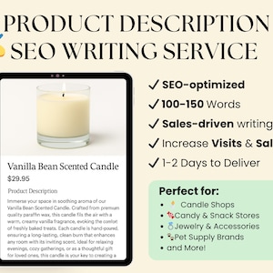 Puede incluir: Imagen que promociona un servicio de redacción SEO de descripciones de productos. Muestra una vela perfumada de vainilla encendida en un tarro de cristal. El texto incluye "SEO optimizado", "Redacción orientada a las ventas" y "Aumentar visitas y ventas".