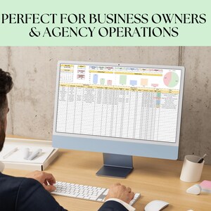 May include: A person is working on a computer with a spreadsheet open on the screen. The spreadsheet is filled with data and has a pie chart in the top right corner. The text "PERFECT FOR BUSINESS OWNERS & AGENCY OPERATIONS" is displayed at the top of the image.