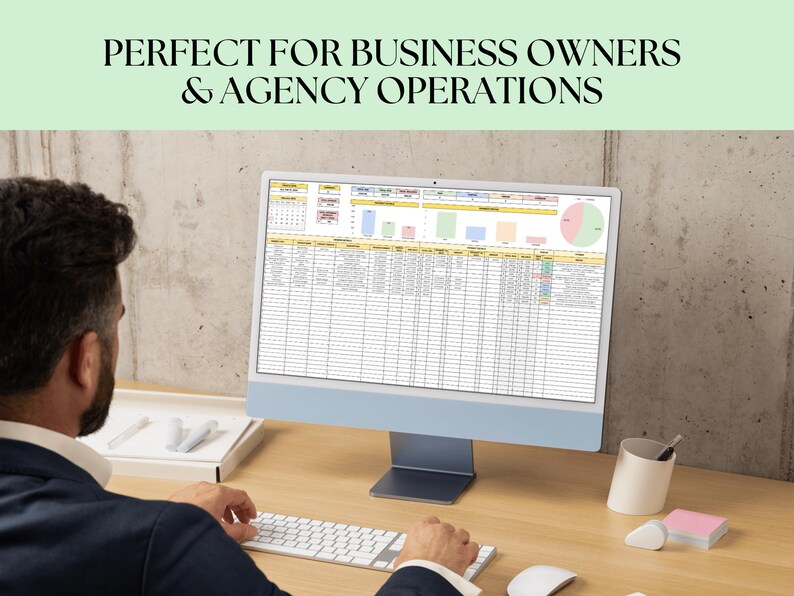 May include: A person is working on a computer with a spreadsheet open on the screen. The spreadsheet is filled with data and has a pie chart in the top right corner. The text "PERFECT FOR BUSINESS OWNERS & AGENCY OPERATIONS" is displayed at the top of the image.