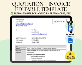 Quotation & Invoice Editable Template Microsoft Word Google Docs Agencies Freelancers Business Ready to use Client Billing Pricing Document