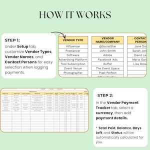 May include: A diagram explaining how to set up vendor types, names, and contact information for easy selection when logging payments. The diagram also shows how to track vendor payments, select a currency, and add payment details. The total paid, balance, days left, and status are automatically calculated.