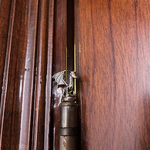 May include: A brass door hinge with a dragon design. The dragon is facing forward with its wings spread out. The hinge is attached to a wooden door.