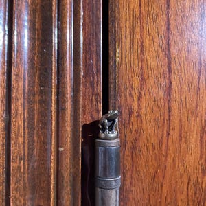 Pode incluir: Close-up de uma porta de armário de madeira castanho escuro com uma dobradiça de metal. A dobradiça tem um design decorativo com uma pequena figura de animal no topo.